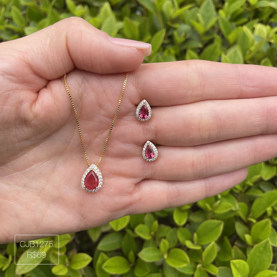 Conjunto De Gota Vermelha Cravejada Cristal Dourado